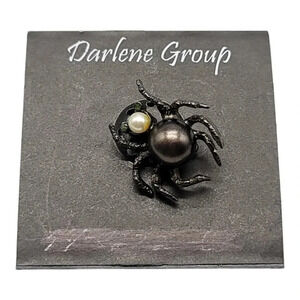 Vintage Halloween SPIDER FAUX PEARL Silver Tone Enamel Darlene Group Pin Brooch